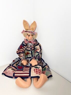 90s Primitive Folk Art Handmade Large Mamma Bunny 30” Patriotic Patchwork Doll